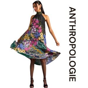 ANTHROPOLOGIE Halter Asymmetrical Silk Midi Dress, Size S.
